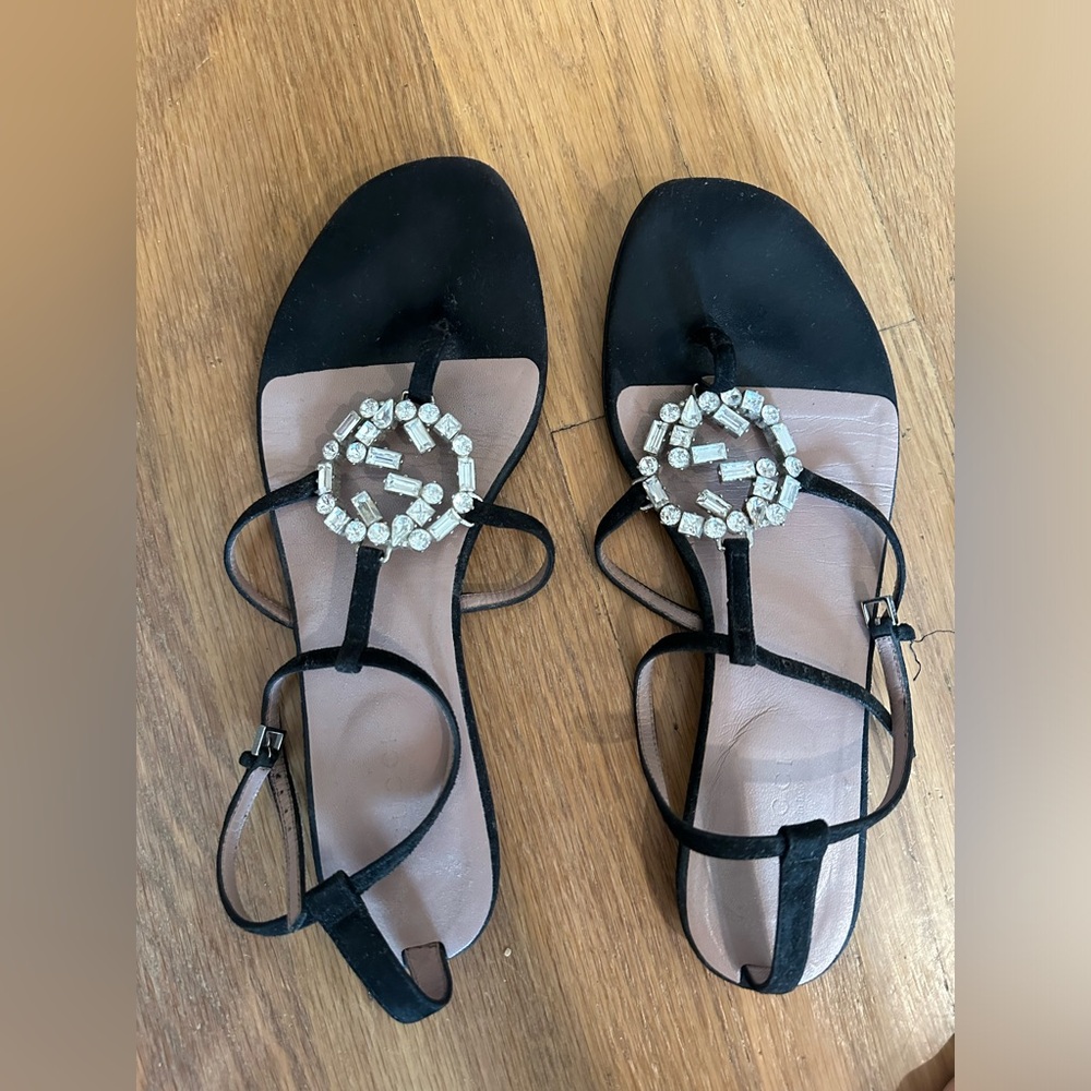 GUCCI Crystal GG Bling Black Suede Thong Sandals 💎💎💎